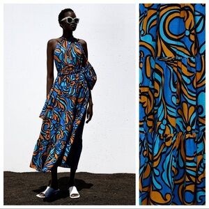 NWT. Zara Poplin Blue Printed with Bag Casual Midi Dress. Size XS.